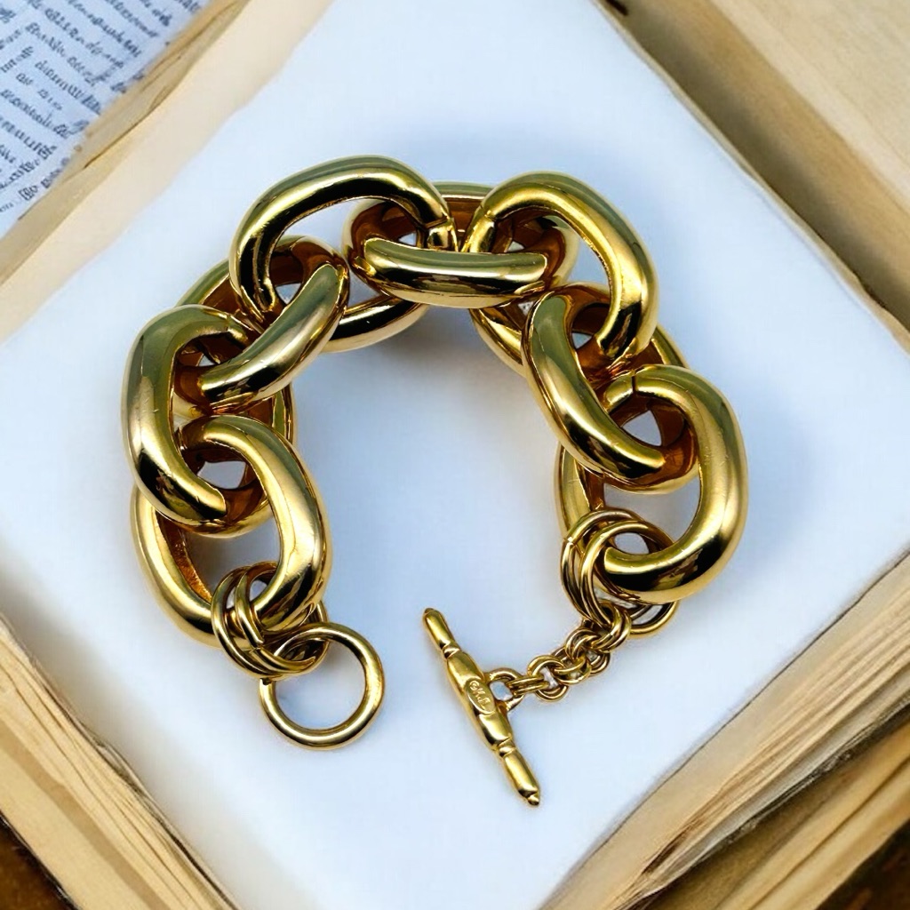 Vintage 90s Signed Kjl Kenneth Jay Lane Gold Tone Large Link Toggle Bracelet 8”